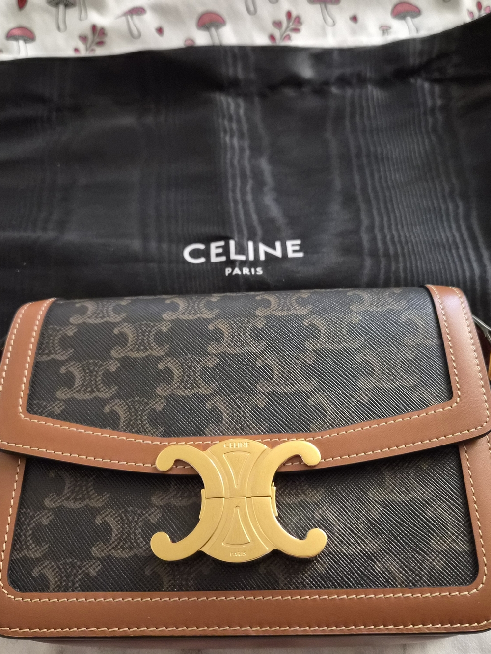 Celine Teen Triomphe Canvas Shoulder Bag with Tan Leather Trim